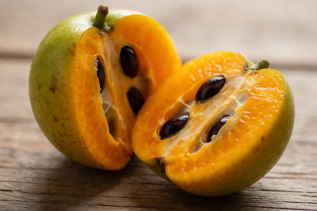 Frutos de guabiroba-gigante inteiros e cortado ao meio mostrando polpa e sementes
