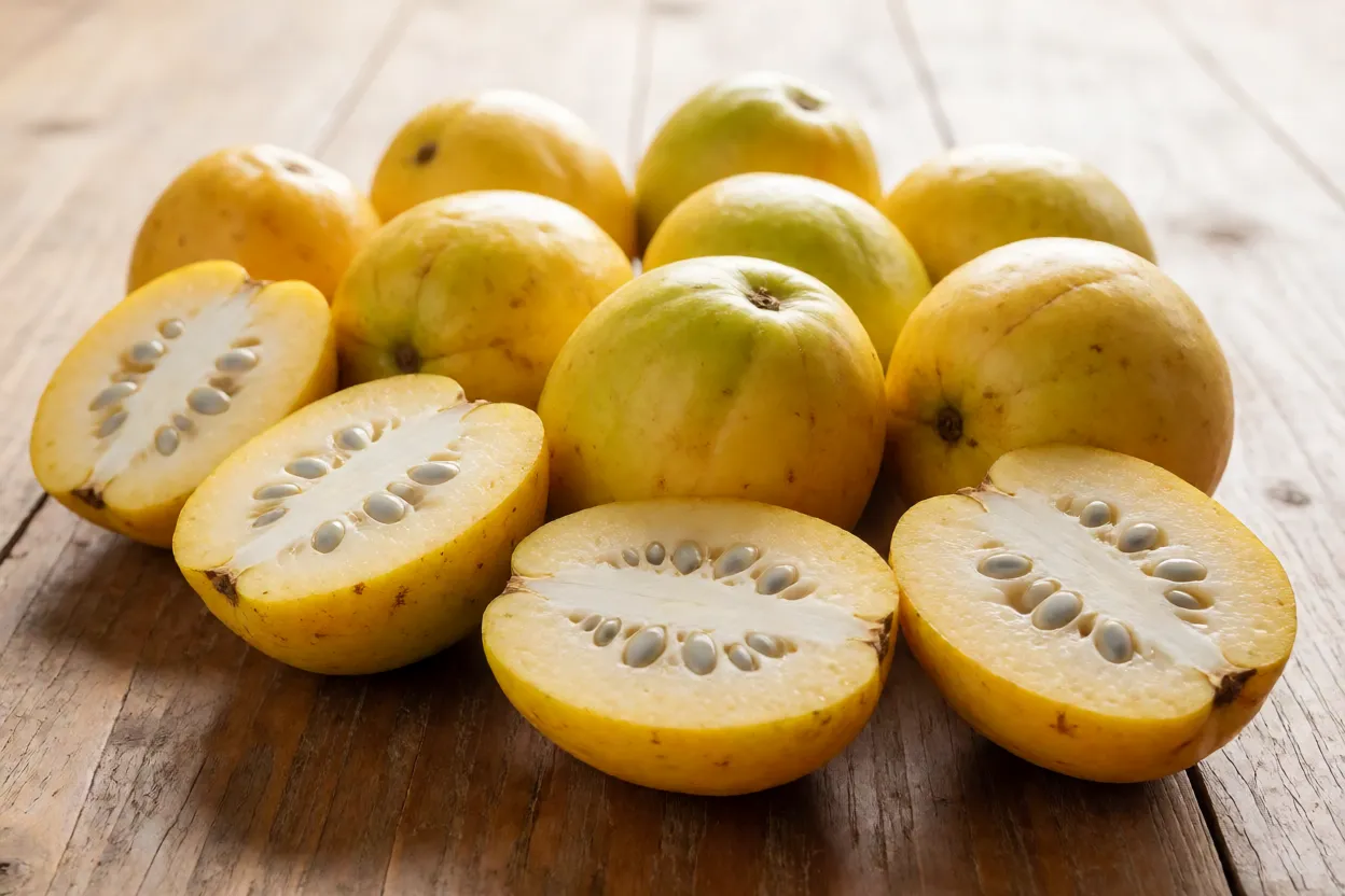 Frutos de guabirobeira inteiros e cortados mostrando polpa e sementes