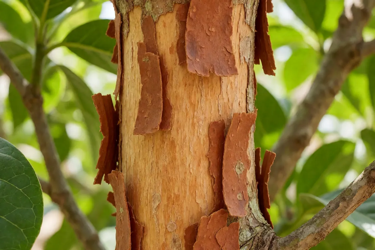 Detalhe da casca descamante da guabirobeira em tons de canela