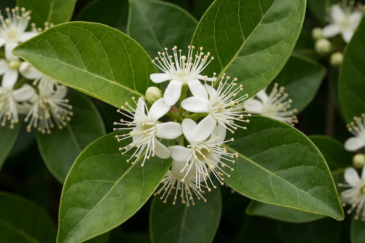 Folhas e flores brancas da guabirobeira