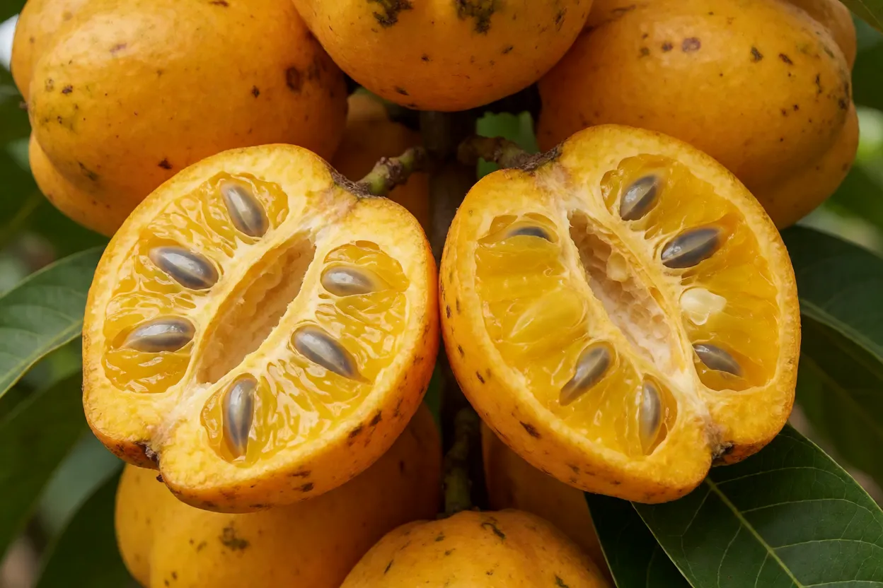 Frutos maduros de guabiroba cortados mostrando polpa e sementes