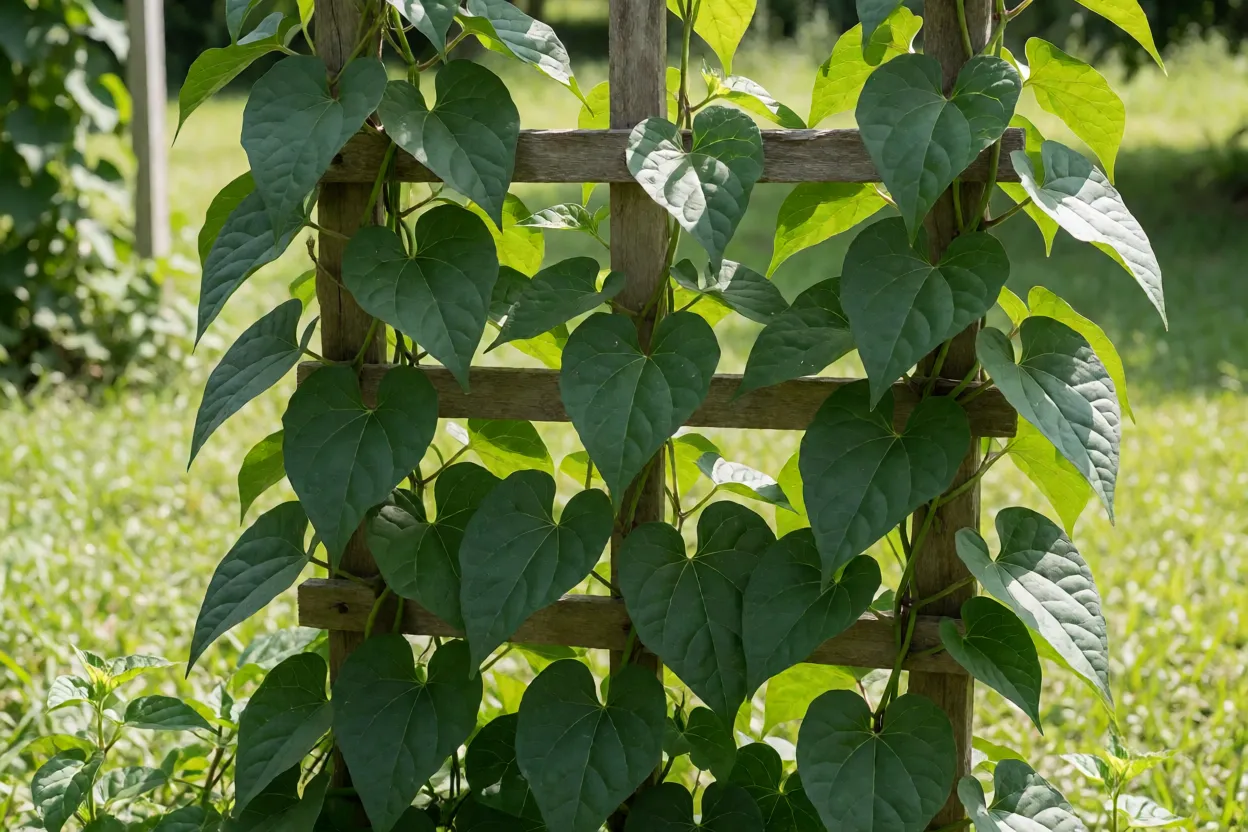 Guaco adulto trepando em treliça de madeira no jardim com folhas verdes em forma de coração