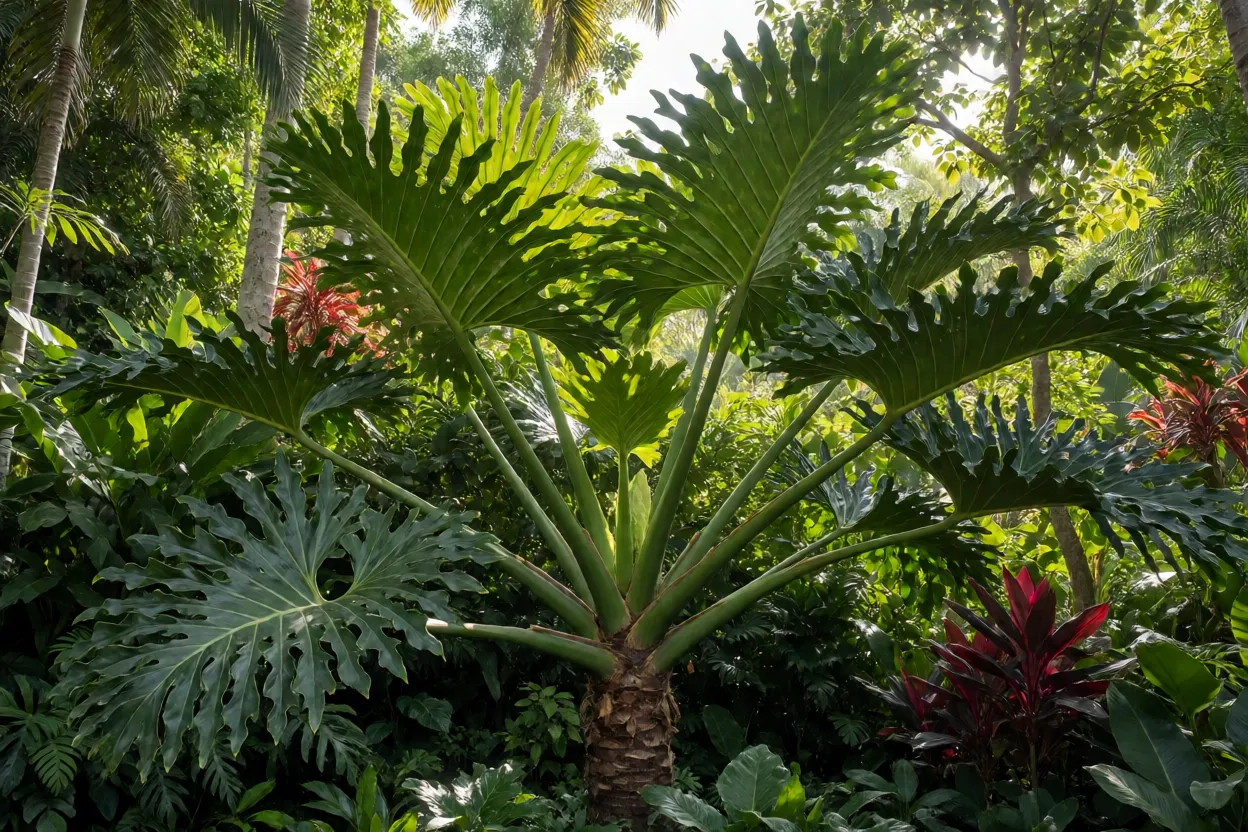 Guaimbê adulto com folhas grandes recortadas em jardim tropical