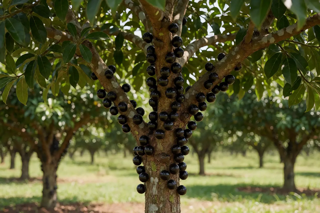 Árvore de guapuru carregada de frutos roxos grudados no tronco