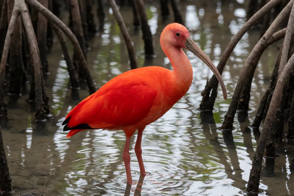 Guará de corpo inteiro em pé na água rasa do manguezal com plumagem vermelho-escarlate