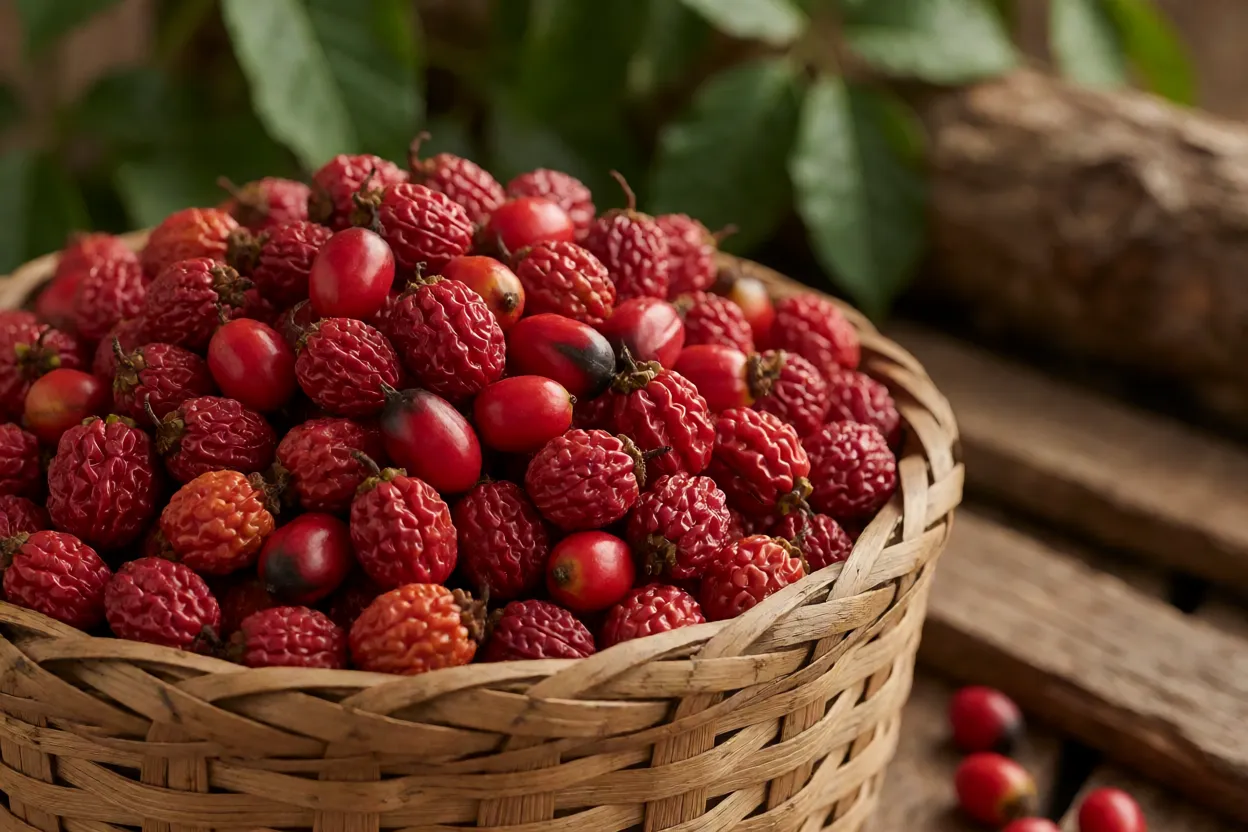 Cesto com colheita de guaraná recém-colhido