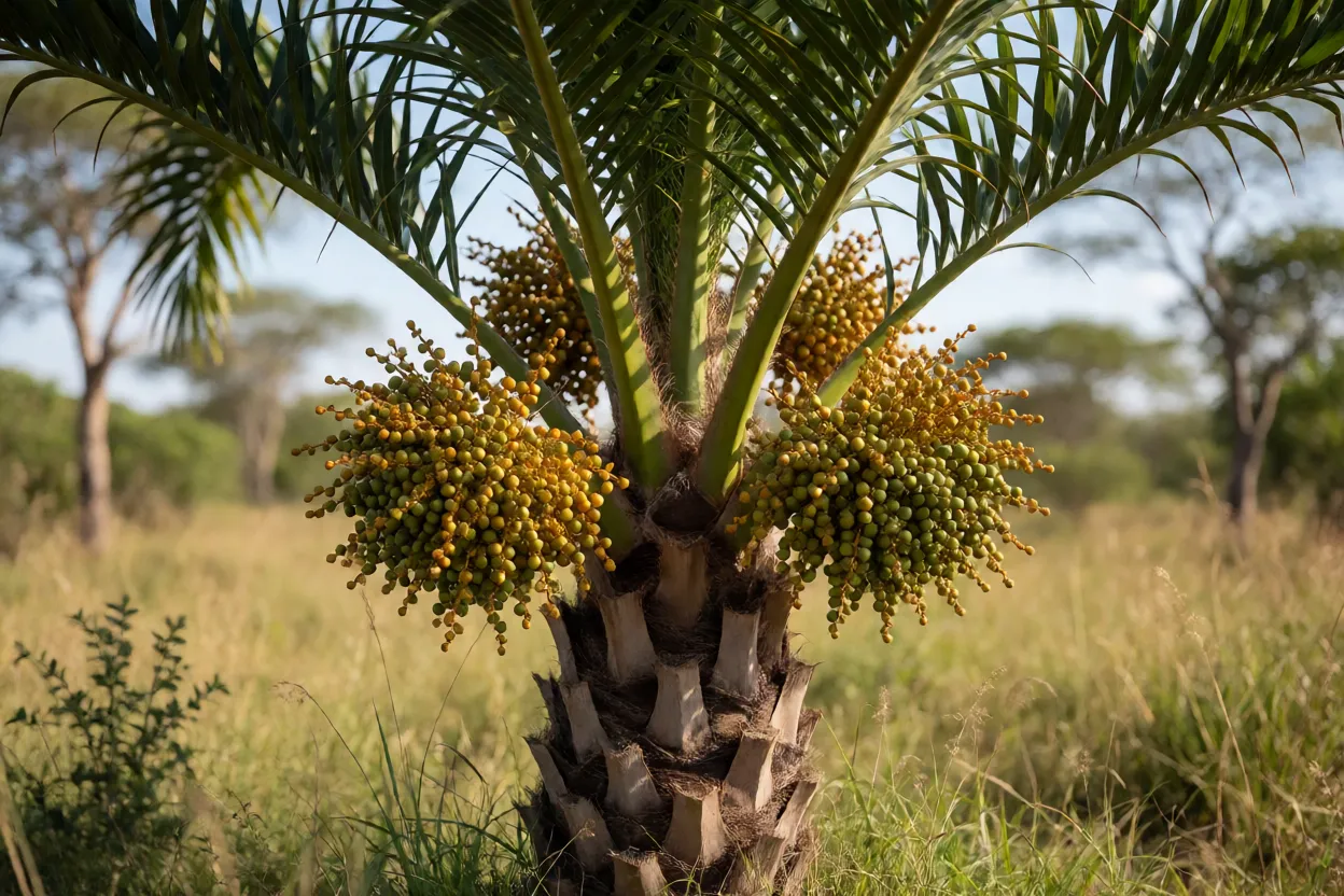 Palmeira guariroba Syagrus oleracea com cachos de frutos no Cerrado