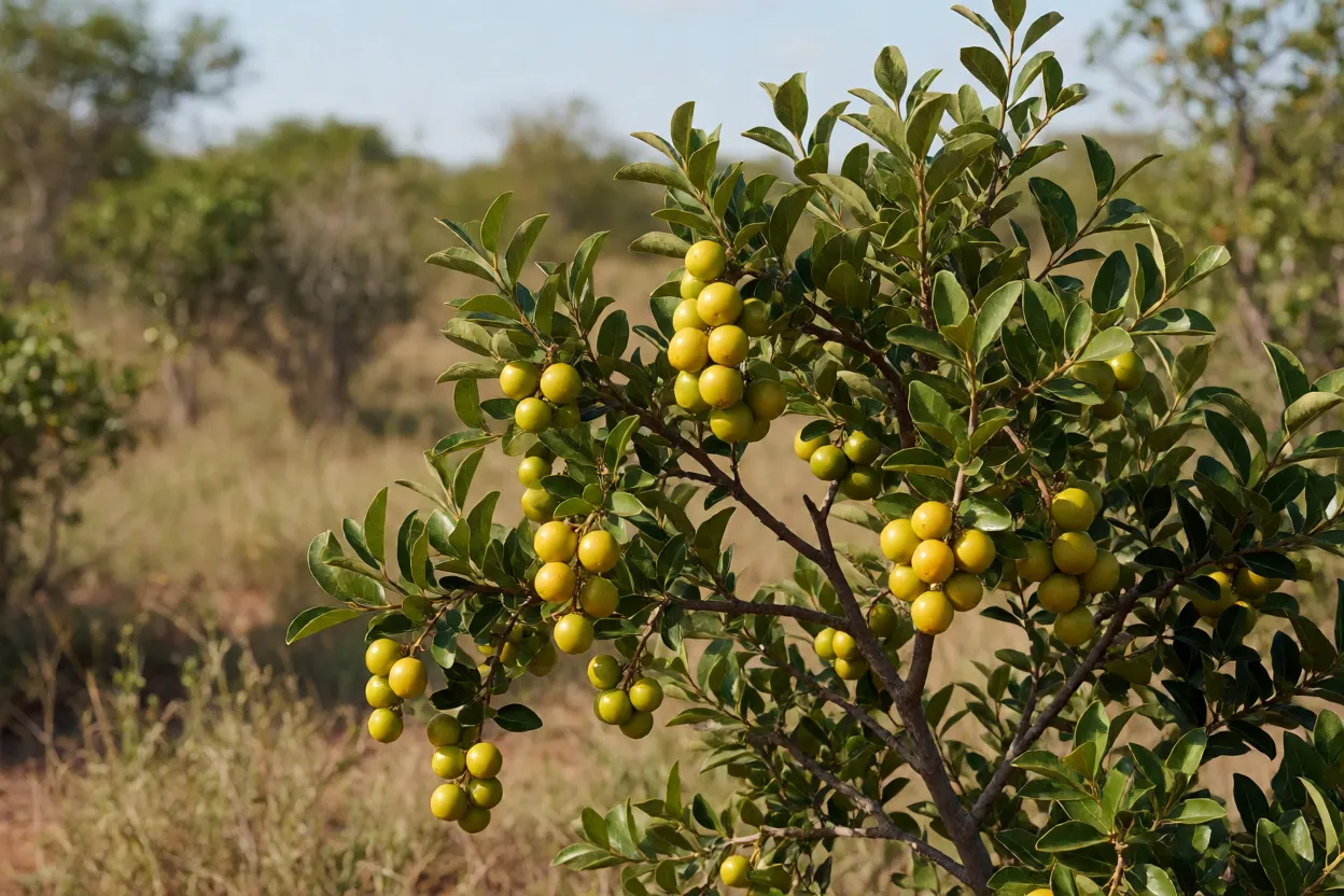 Arbusto de guavira com frutos pendentes no Cerrado