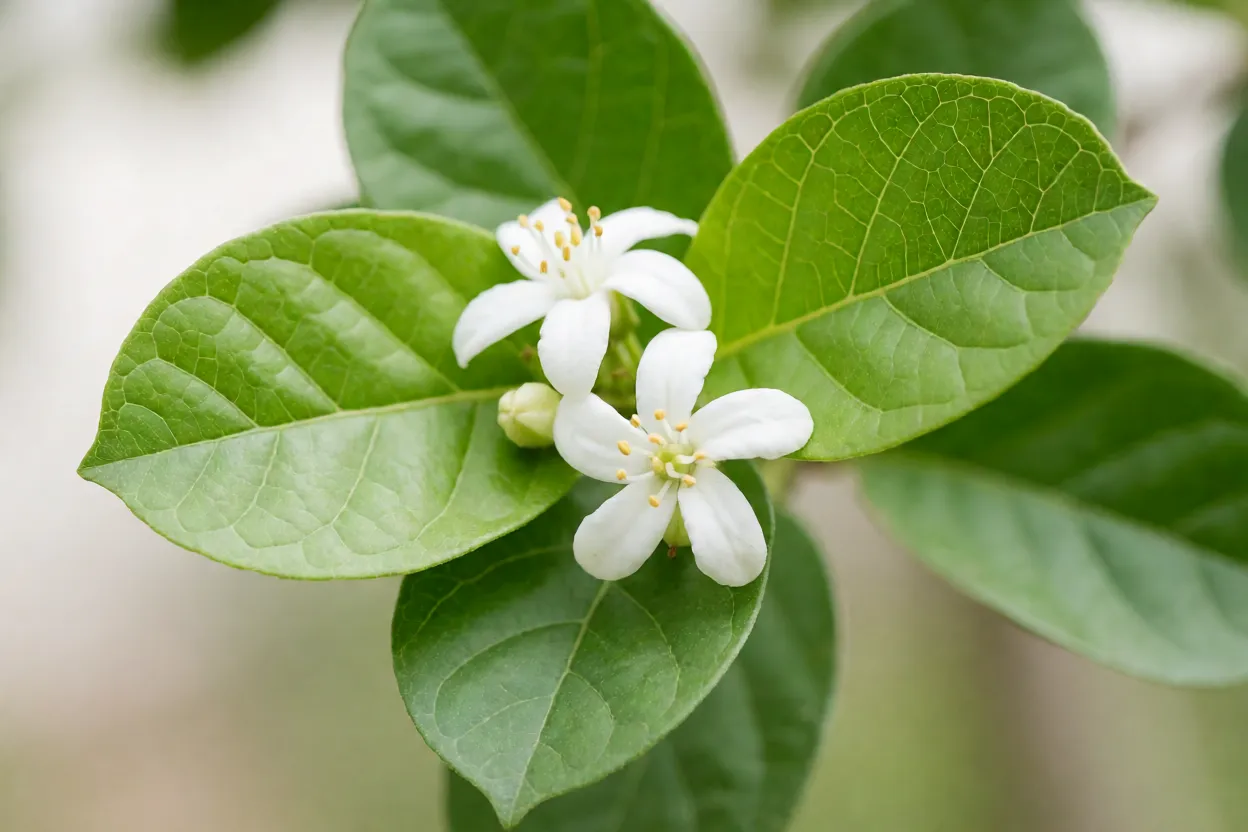 Folhas e flores brancas da guavira em close