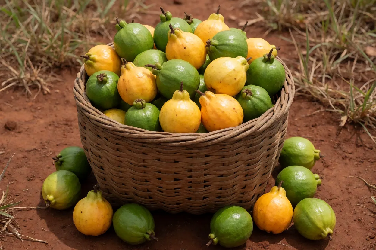 Cesto com colheita de guavira recém-colhida