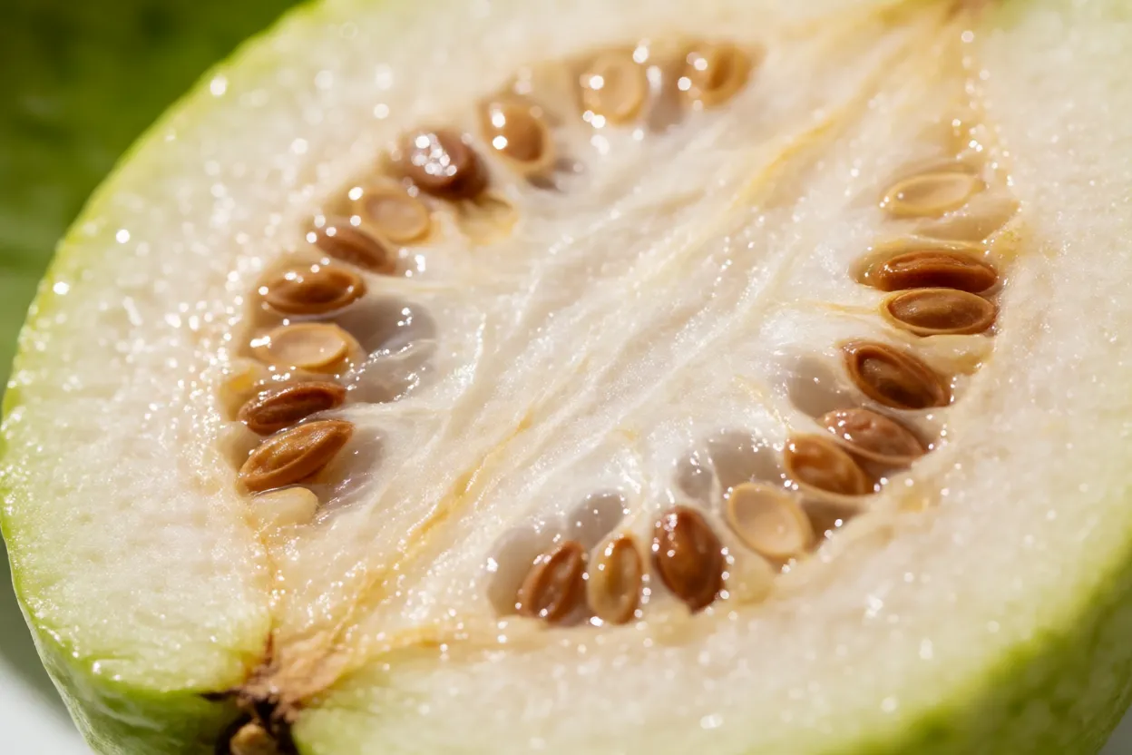 Detalhe da polpa e sementes da guavira cortada