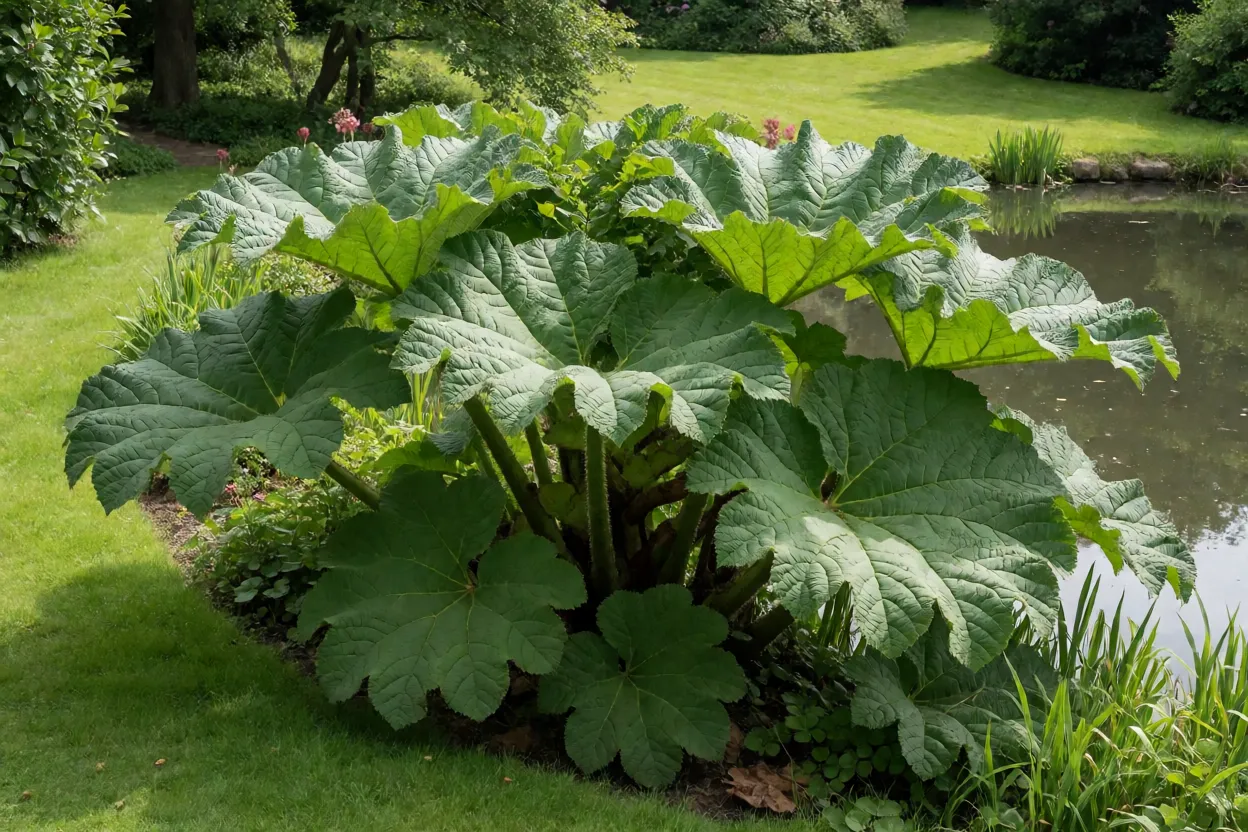 Gunera gigante adulta com folhas enormes ao lado de lago no jardim