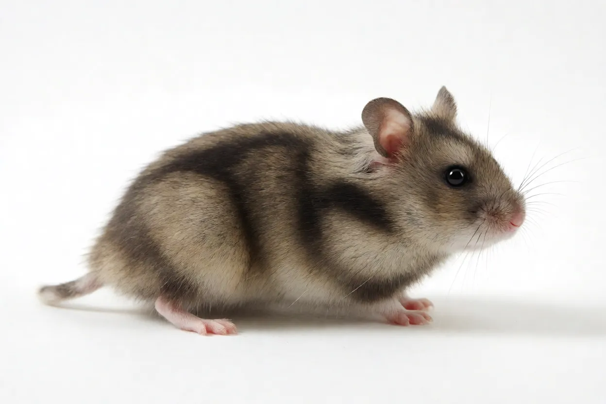 Hamster-chinês adulto de corpo alongado com faixa dorsal preta