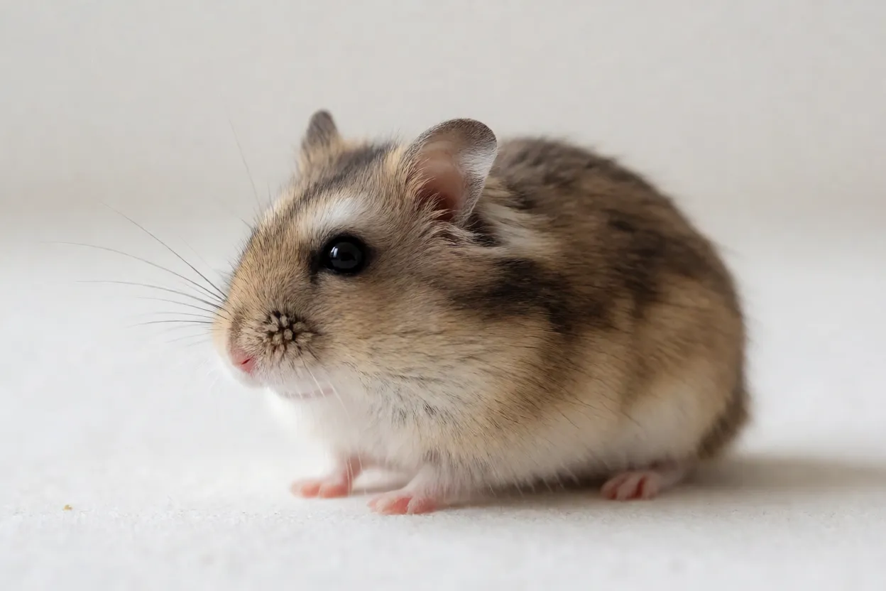 Hamster-roborovski adulto de corpo inteiro com pelagem cor de areia e sobrancelhas brancas