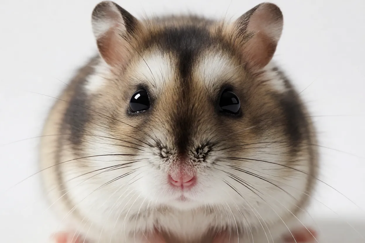 Rosto do hamster-roborovski em close mostrando manchas brancas acima dos olhos