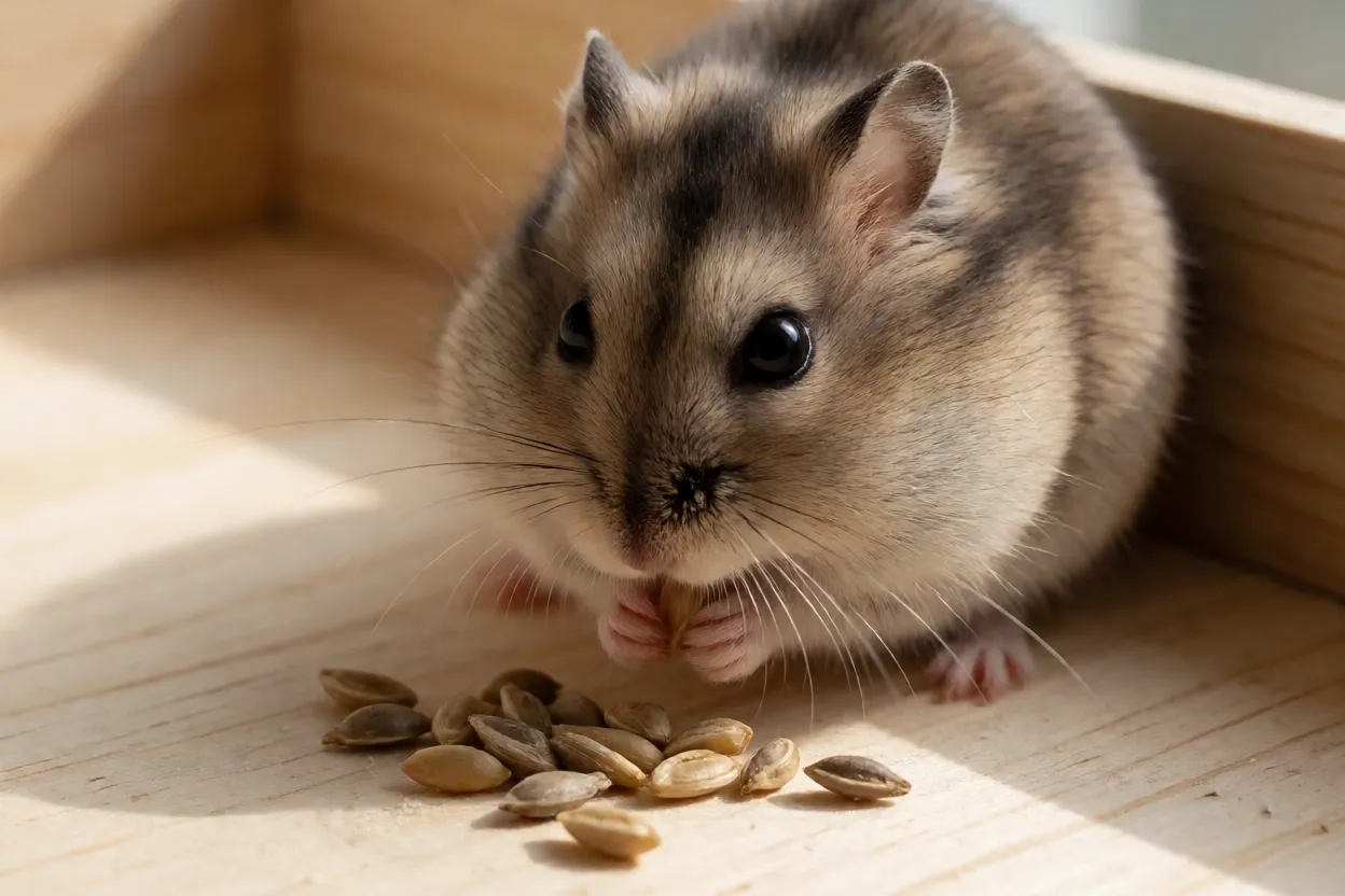 Hamster-roborovski comendo sementes com bochechas cheias