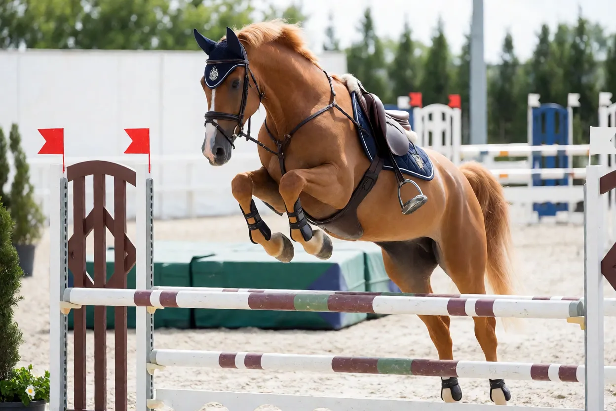Hanoveriano em prova de salto transpondo obstáculo