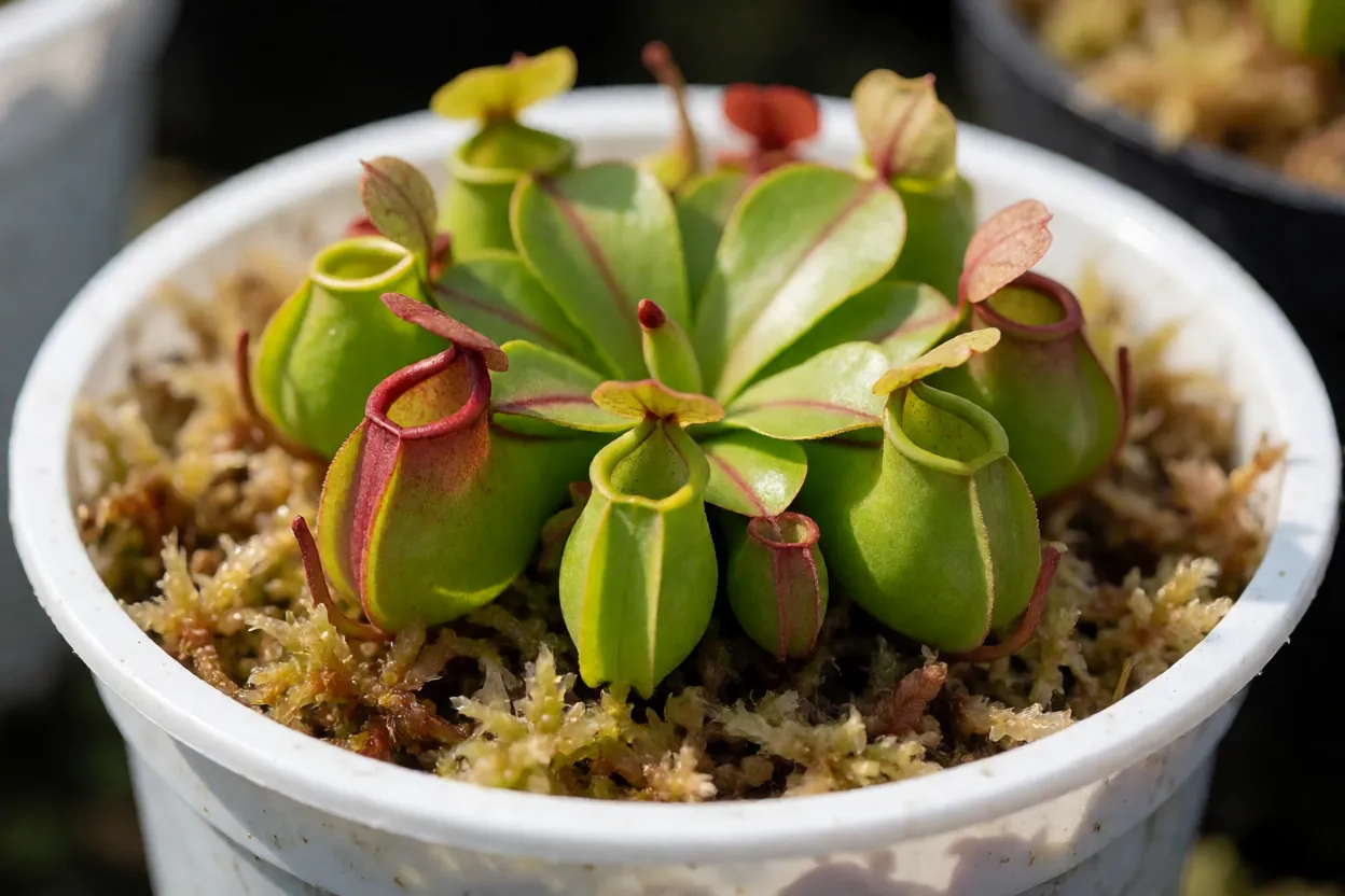 Heliamphora minor adulta em vaso com jarros verdes e avermelhados e colher de néctar