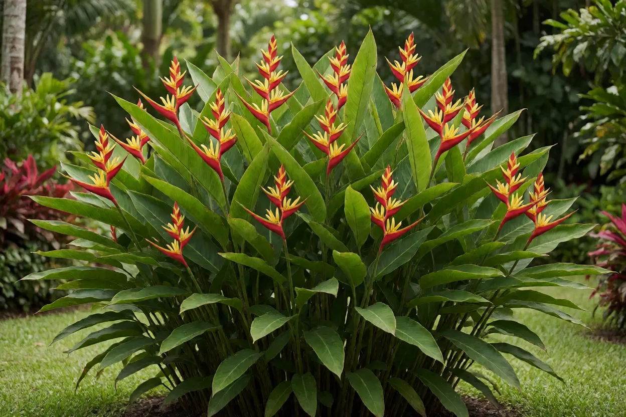 Helicônia-papagaio adulta em jardim tropical com brácteas vermelhas e amarelas