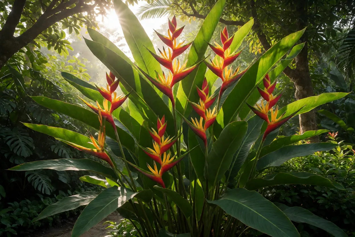 Helic&ocirc;nia recebendo sol filtrado em jardim