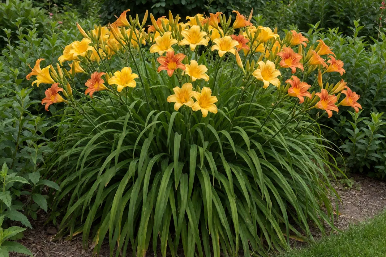 Touceira de hemerocale florida em canteiro de jardim com flores amarelas e laranjas