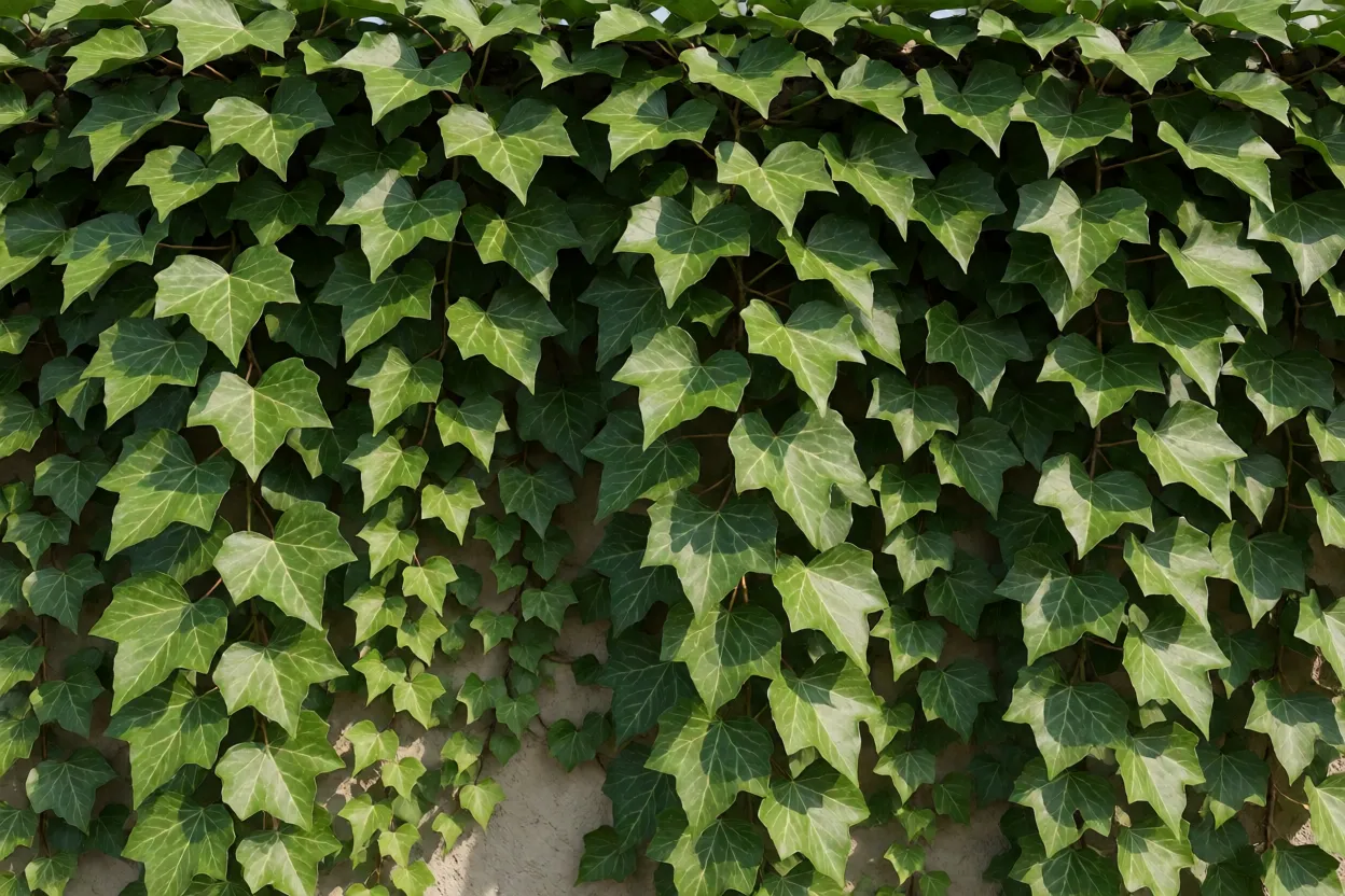 Hera Hedera helix adulta cobrindo muro de jardim com folhas verdes lobadas