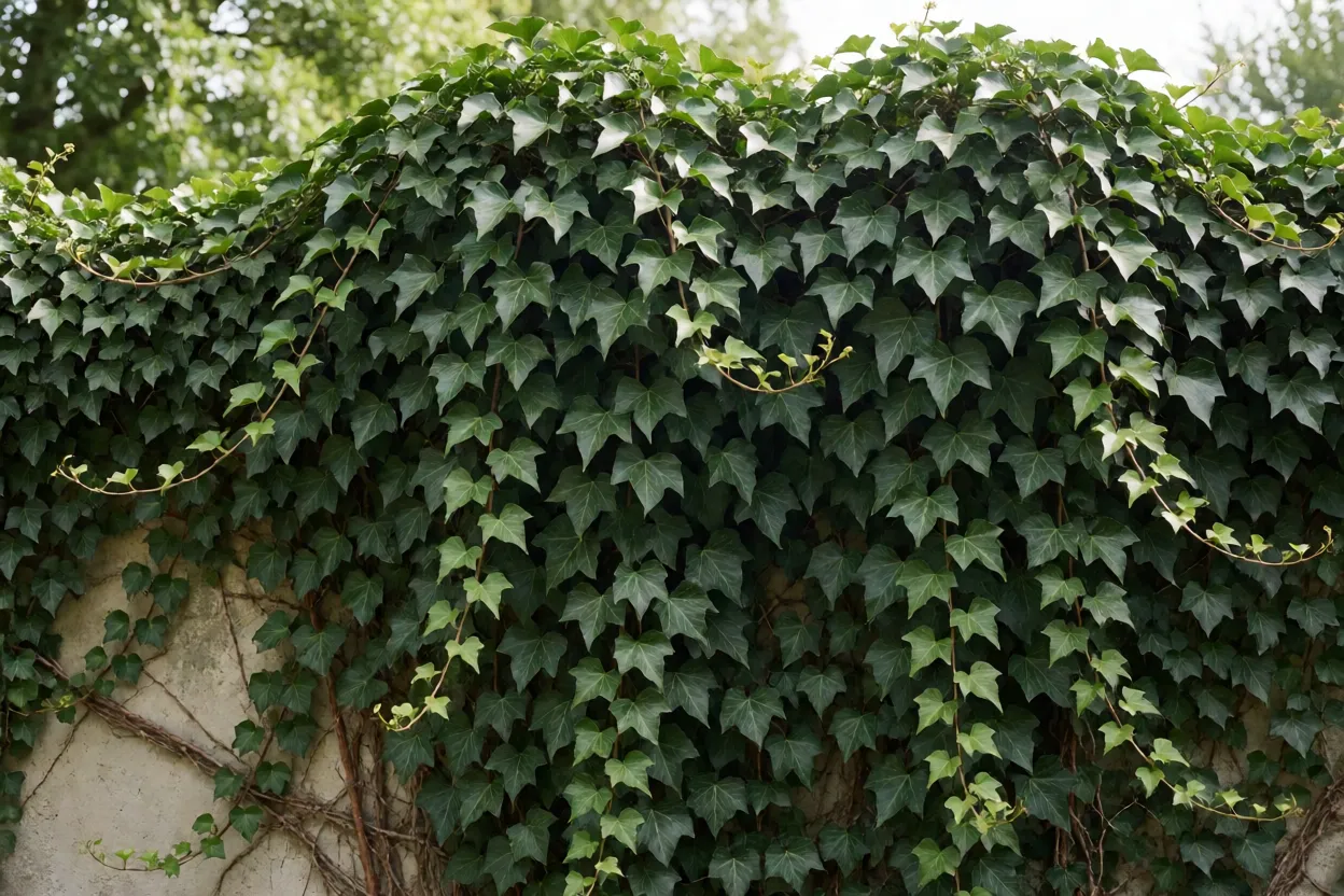 Hera-inglesa Hera-inglesa adulta cobrindo muro de jardim com folhas verde-escuras lobadas
