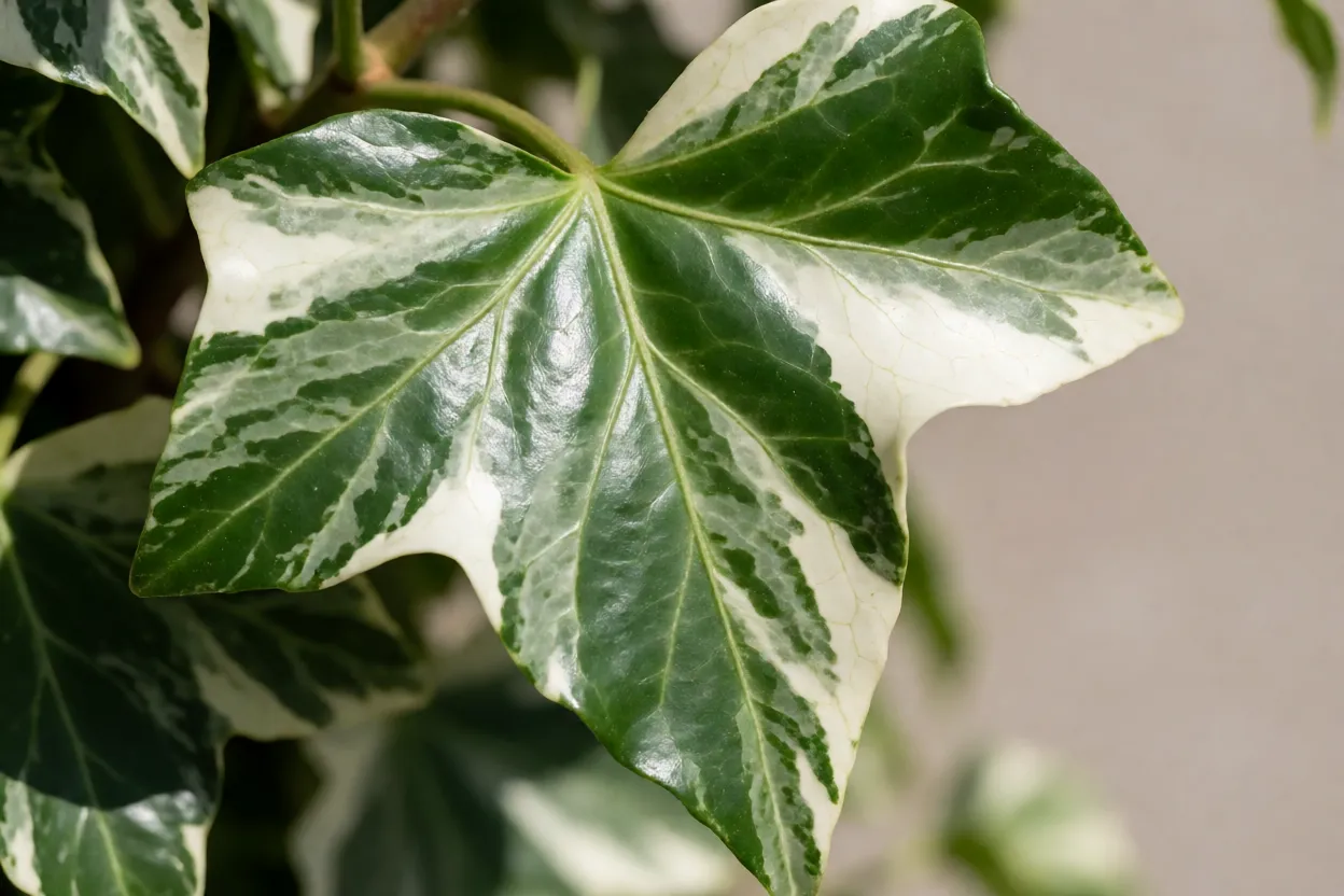 Close-up das folhas lobadas da hera-inglesa verde e variegata