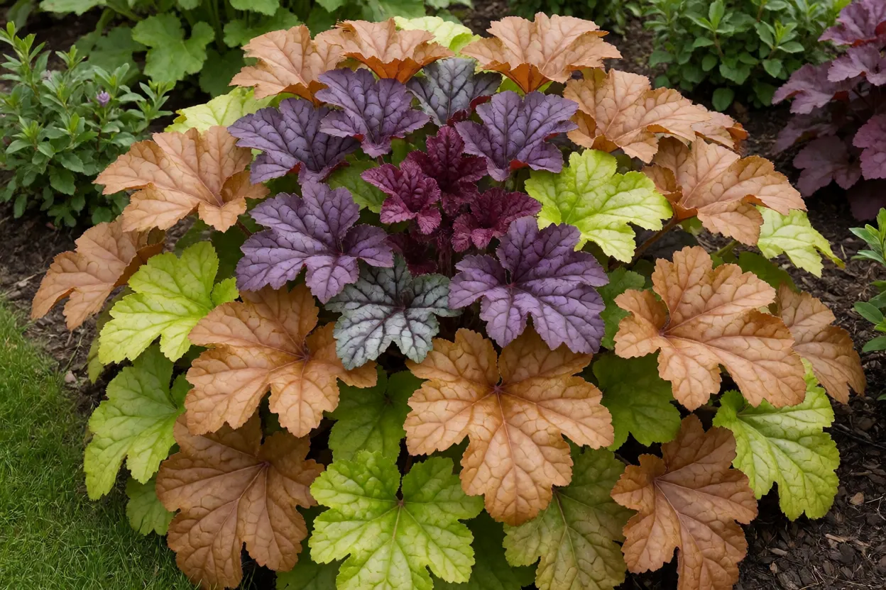 Heuchera adulta em canteiro com folhagem colorida em tons de caramelo, roxo e verde-limão