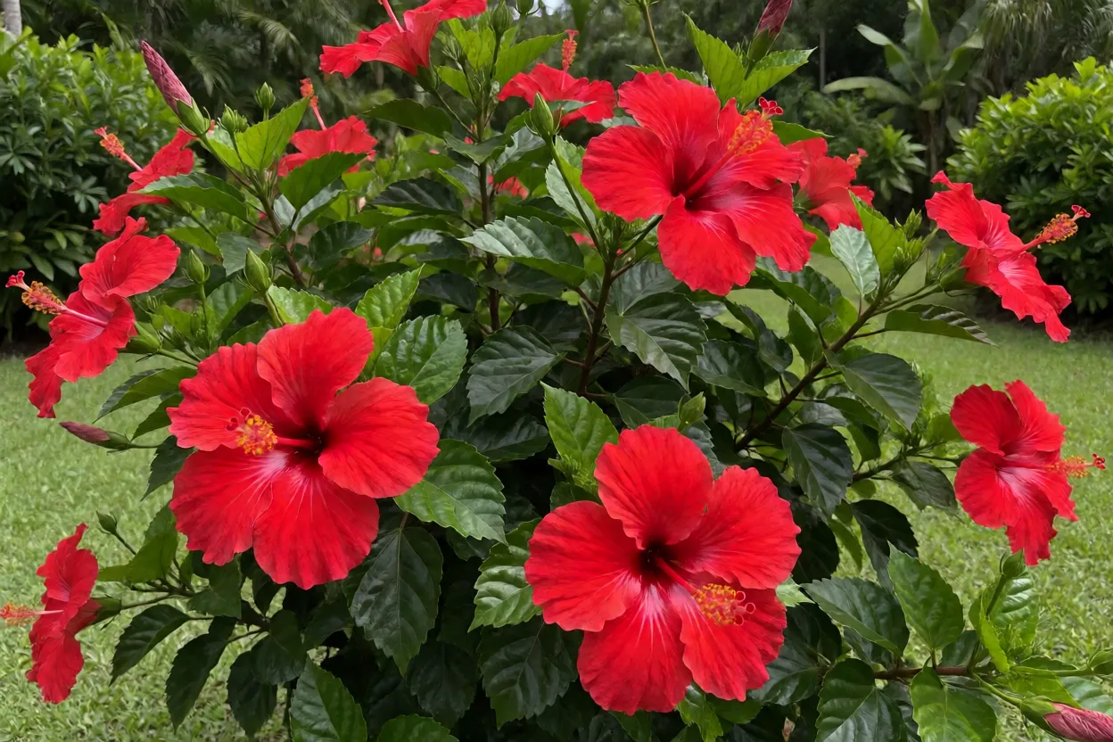 Hibisco Hibiscus rosa-sinensis arbusto florido com flores vermelhas grandes em jardim tropical