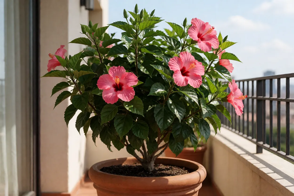 Hibisco saud&aacute;vel cultivado em vaso grande na varanda