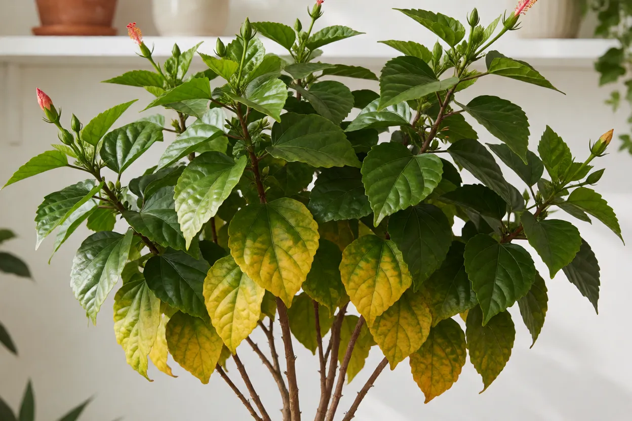 Hibisco com folhas amareladas e bot&otilde;es caindo