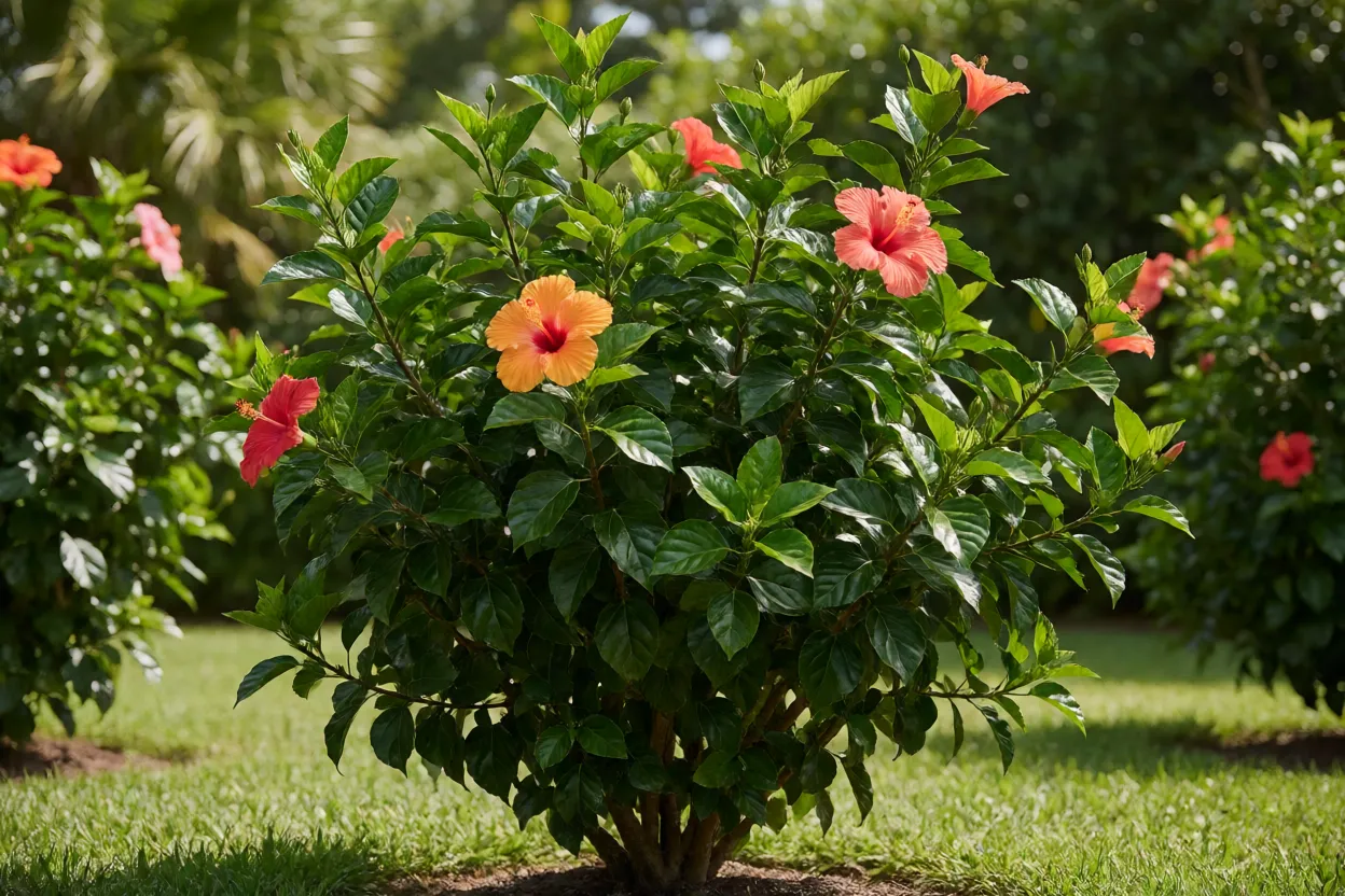 Hibisco cultivado em jardim tropical sob sol pleno