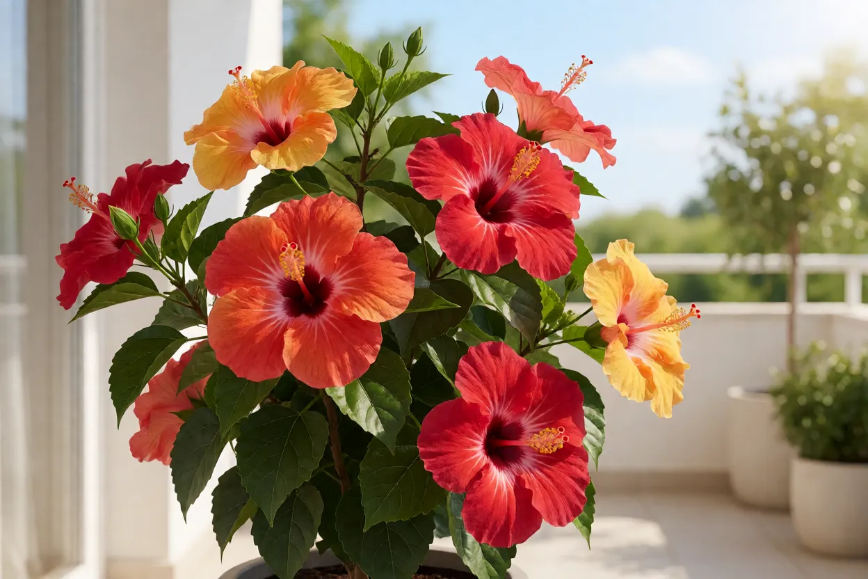 Hibisco recebendo sol direto em varanda ensolarada