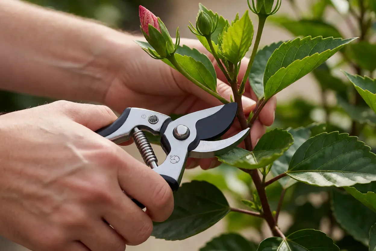 Poda de hibisco com tesoura de jardinagem em ramos