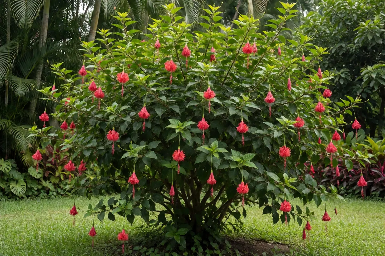 Hibisco-crespo adulto em plena floração com flores vermelhas pendentes e franjadas
