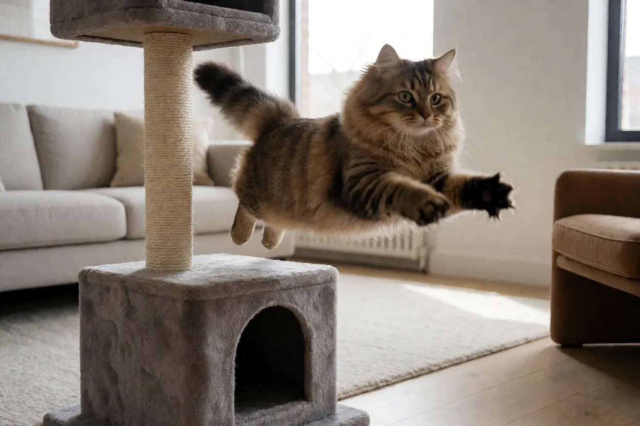 Gato Highlander saltando em arranhador alto mostrando patas polidáctilas