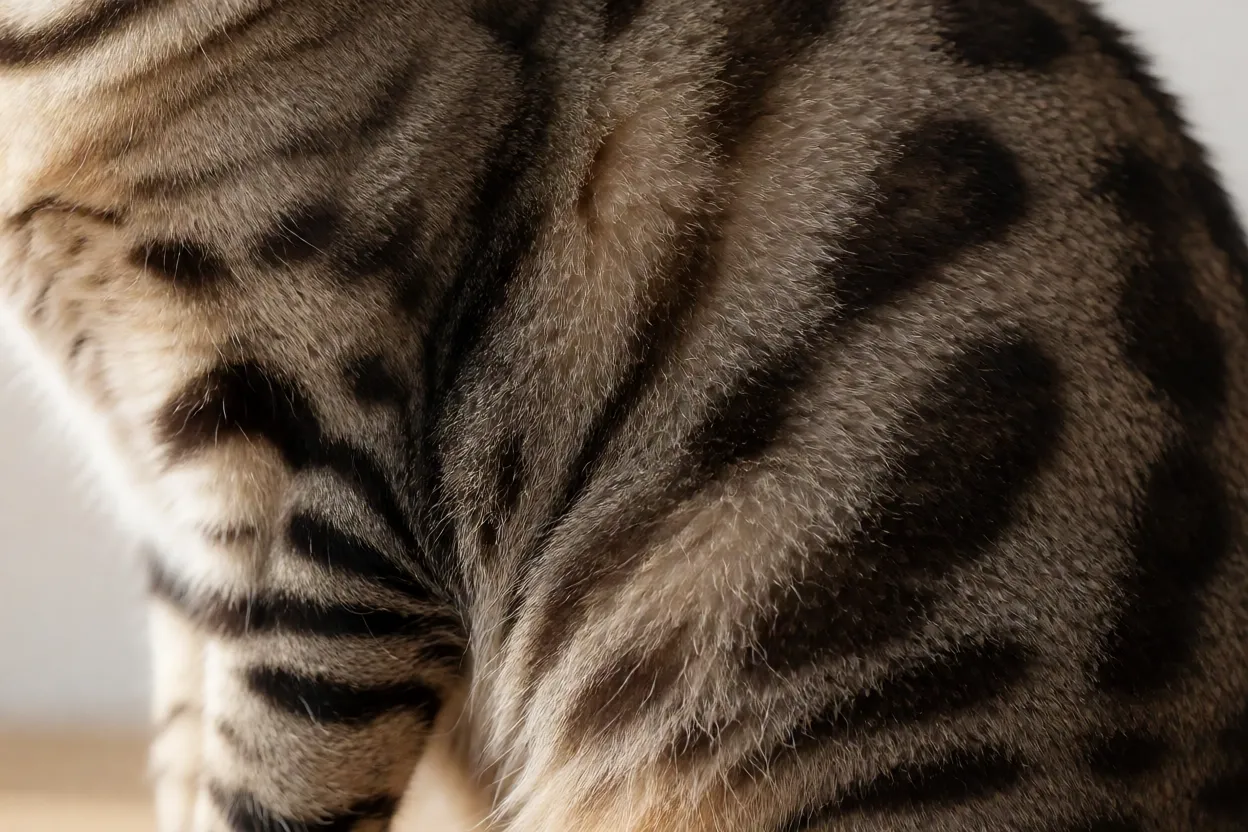 Detalhe da pelagem curta e padrão spotted do gato Highlander