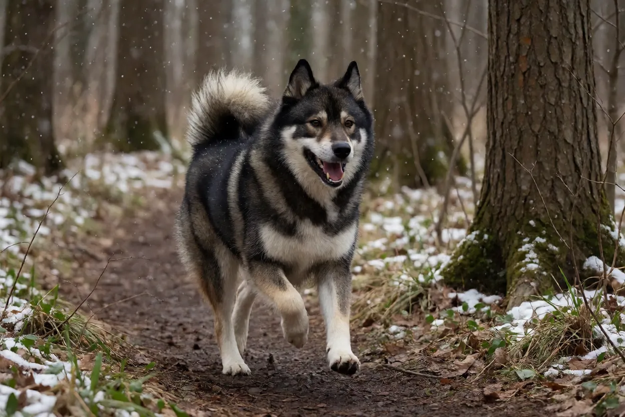 Hokkaido correndo em trilha florestal com neve leve