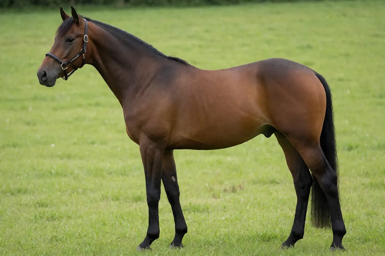 Holsteiner Cavalo Holsteiner adulto castanho em pé de perfil no pasto