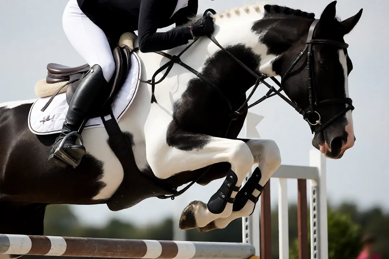 Cavalo Holsteiner saltando obstáculo com cavaleiro