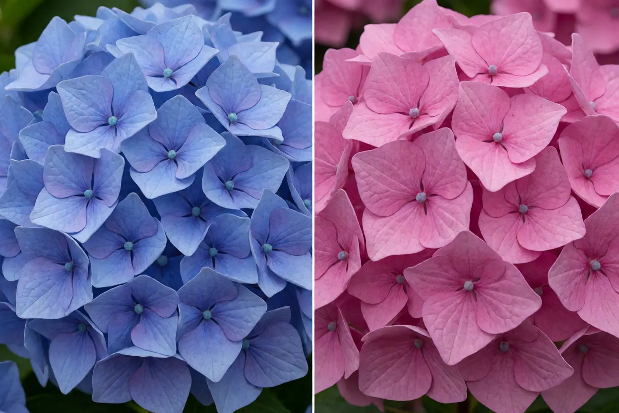 Hortênsia: como cuidar, podar e cultivar a Hydrangea macrophylla Flores azuis e rosas de hortênsia lado a lado