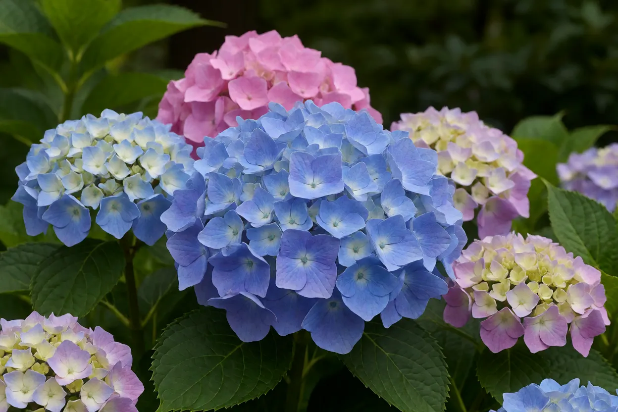 Hort&ecirc;nsia com grandes infloresc&ecirc;ncias azuis e rosa em jardim sombreado