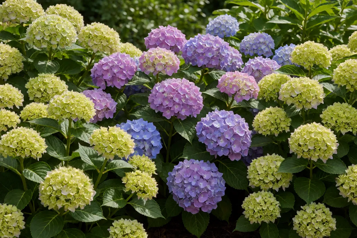 Jardim com diferentes variedades de hort&ecirc;nsia em flor