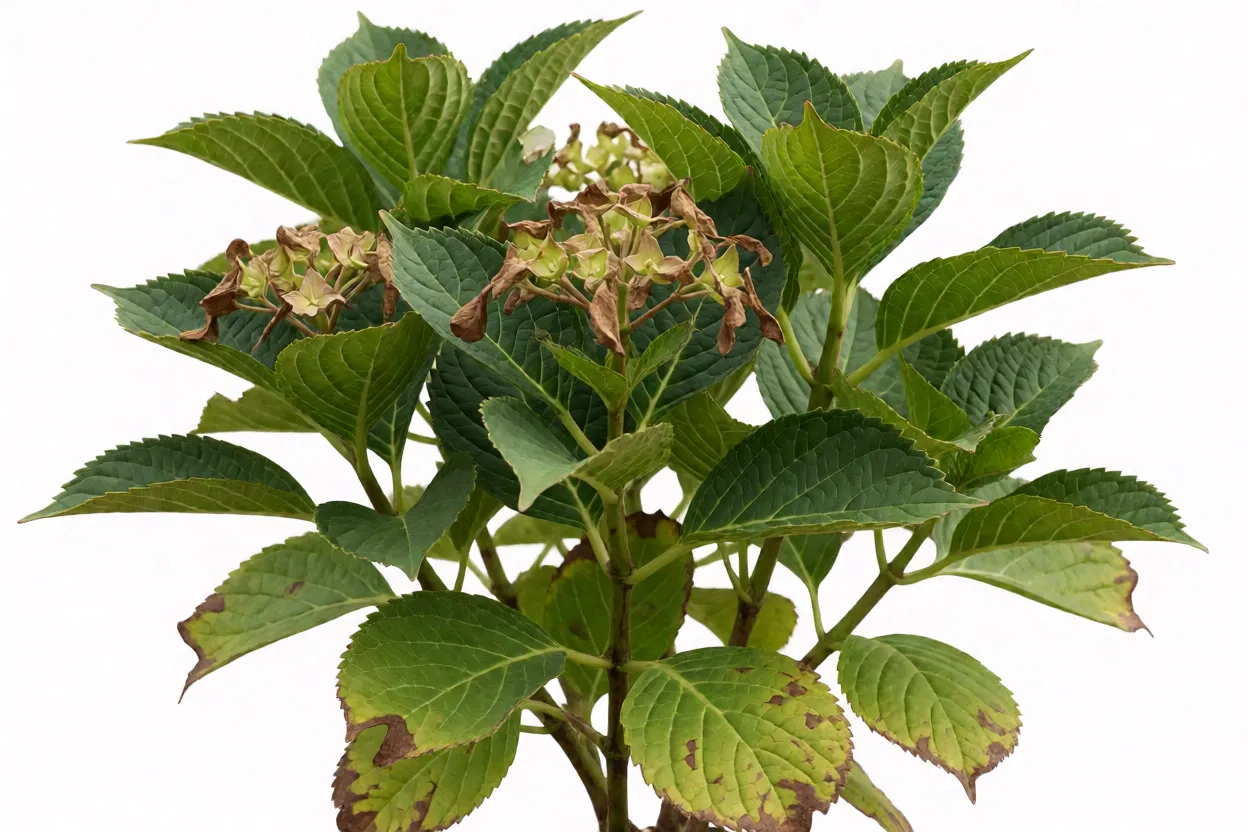 Folhas de hort&ecirc;nsia com sintomas de estresse e solu&ccedil;&atilde;o visual