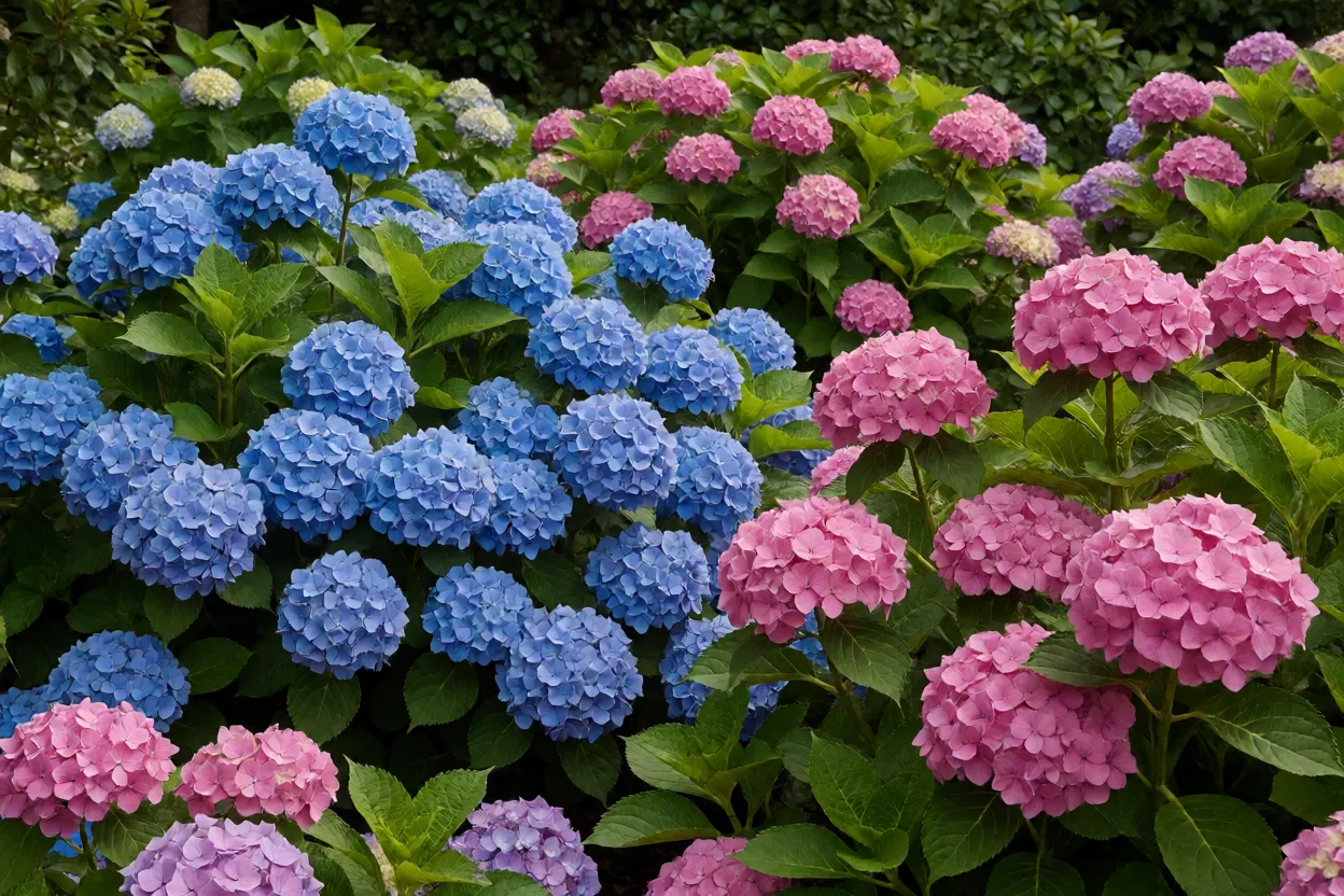 Jardim brasileiro com hort&ecirc;nsias em plena flora&ccedil;&atilde;o