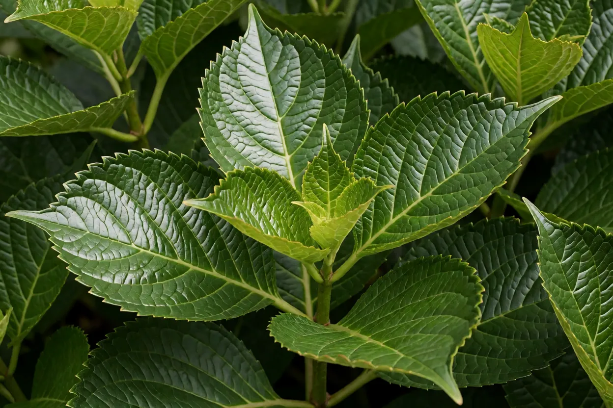 Folhas largas e brilhantes de Hydrangea macrophylla com detalhes das nervuras