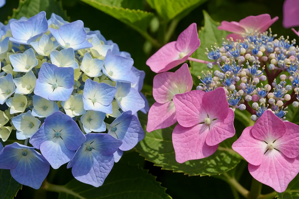 Hort&ecirc;nsia mophead azul intensa e lacecap rosa lado a lado