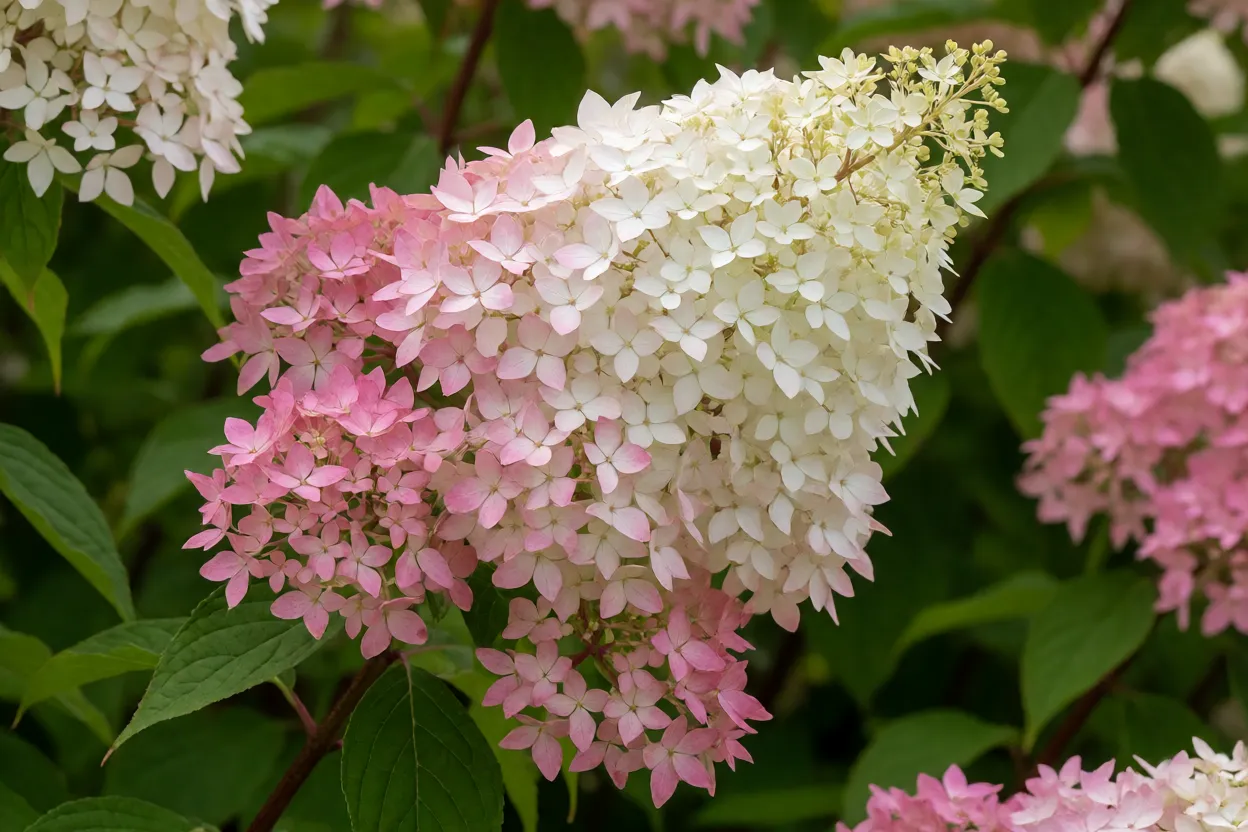 Pan&iacute;culas c&ocirc;nicas de Hydrangea paniculata em tons de branco e rosa