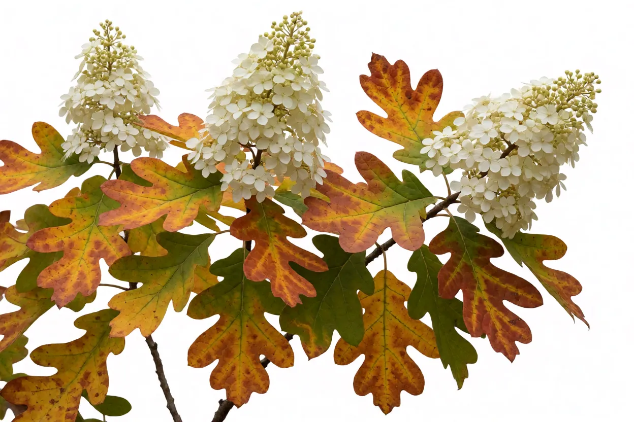 Folhas lobadas de carvalho e flores c&ocirc;nicas da Hydrangea quercifolia
